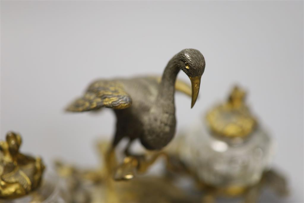 A 19th century French brass gilt metal and mother of pearl crane desk stand, height 13cm